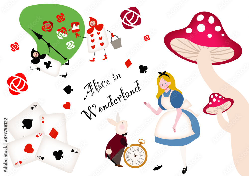 可愛い不思議の国のアリスのトランプの兵隊 ウサギと懐中時計 キノコ
