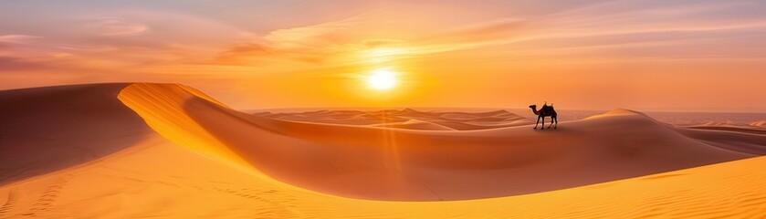 Wall Mural - Camel Silhouette in Desert at Sunset.