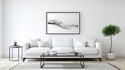 Wall Mural - Illustrate a minimalist living room scene incorporating ink artwork, books, and tasteful decor copy space for text, focus cover all adject, deep dept of field, nodust