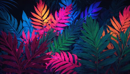 Wall Mural - palm leaves and jungle vegetation illuminated in gradient color, background for text