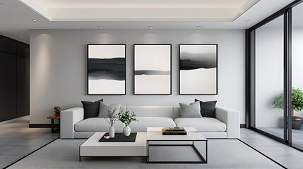 Wall Mural - Create a minimalist living room ambiance with ink paintings, books, and subtle decorative items copy space for text, focus cover all adject, deep dept of field, nodust