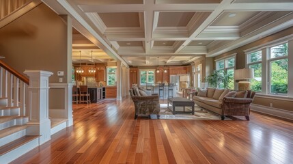 interior view of a Craftsman living room with coffered ceilings and hardwood floors