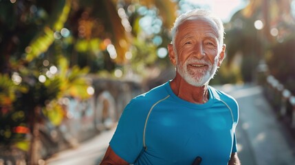 Poster - 3d character older man using a wearable device to monitor fitness goals Stock Photo with copy space