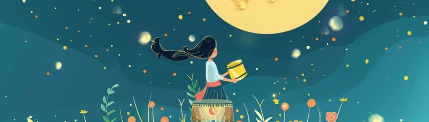 Whimsical illustration of a girl holding a gift and floating on a drum under a full moon in a starry night sky with flowers and fireflies.