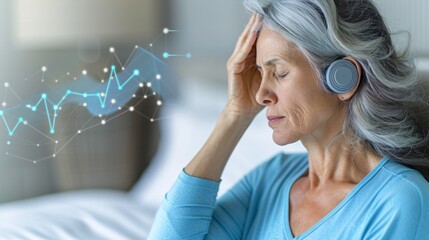 Poster - Senior woman using a wearable device to monitor sleep patterns Stock Photo with copy space
