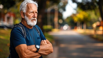 Poster - Older man using a wearable device to monitor fitness goals Stock Photo with copy space