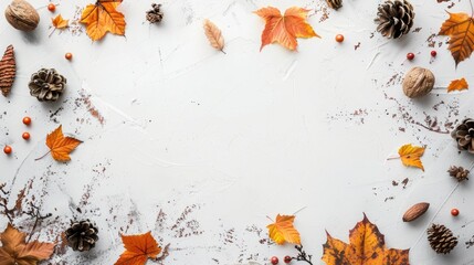 Wall Mural - Top view of white table with autumn motifs and space for writing