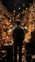 Wall Mural - a man sits in front of a book with candles in the background.