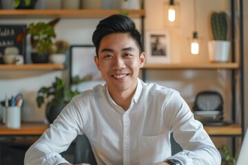 Wall Mural - Portrait of confident smiling Asian man sitting at desk