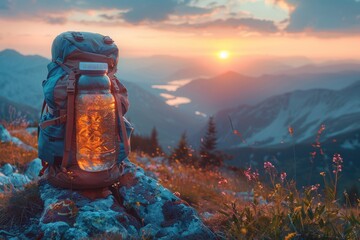 Wall Mural - Backpack and Water Bottle at Sunset