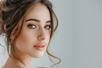 Wall Mural - Young beautiful woman on white background