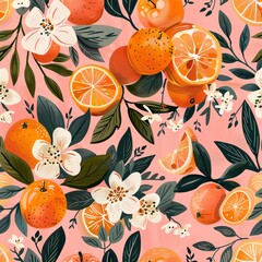 Wall Mural - A painting of oranges and flowers on a pink background