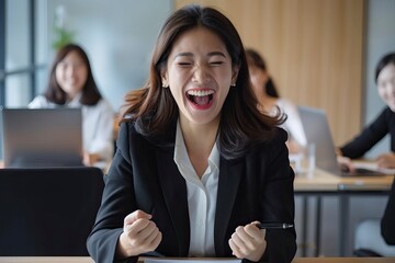 Wall Mural - Asian business woman are delighted and happy with the work they do on their tablet, laptop and taking notes at the office - generative ai