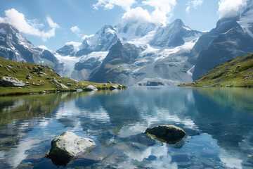 Peaceful mountain lake nestled in a serene valley with towering peaks