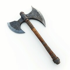 3D Render, Low Poly style of a sturdy battle axe with rugged handle, on isolated white background, Generative AI 