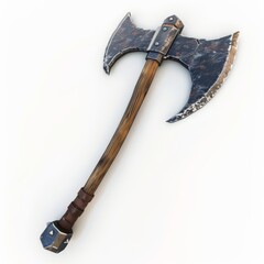 3D Render, Low Poly style of a sturdy battle axe with rugged handle, on isolated white background, Generative AI 