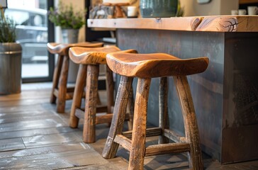 Poster - Rustic Wooden Stools in a Modern Cafe