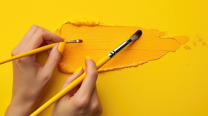 Close-up of Hands Painting with Brushes on Vibrant Yellow Background