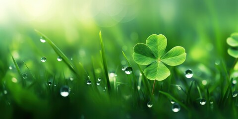 Wall Mural - A close-up of a dewy clover leaf glistening in the sunlight, surrounded by lush green grass and morning light.