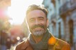 © Nia™ - Lifestyle portrait of European middle age mature adult man. Freelancer entrepreneur standing outdoor at street. businessman smiling at camera with sun ray - generative ai