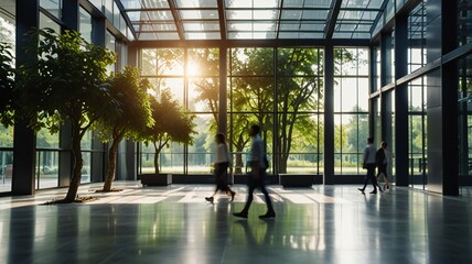 Wall Mural - Blurred background of people walking in a modern office building with green trees and sunlight , eco friendly and ecological responsible business concept