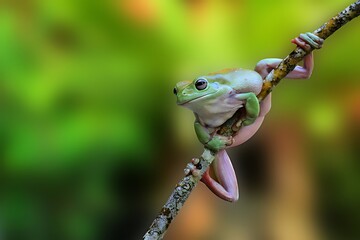 Green tree frog on a branch.