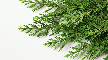 Wall Mural - Green Cedar Branches on a White Background