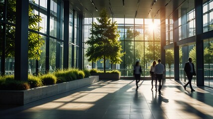 Wall Mural - Blurred background of people walking in a modern office building with green trees and sunlight , eco friendly and ecological responsible business concept