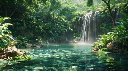 Canvas Print - Tranquil Waterfall in a Lush Jungle