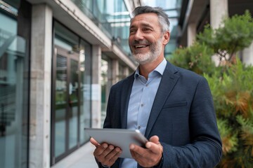 Wall Mural - Smiling mid aged business man wearing suit standing outside office holding digital tablet. Mature businessman professional holding fintech device looking away thinking - generative ai