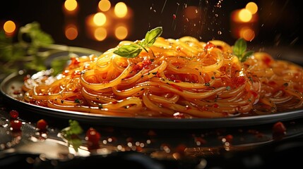 Poster - close up delicious spaghetti full of spices, black and blur background