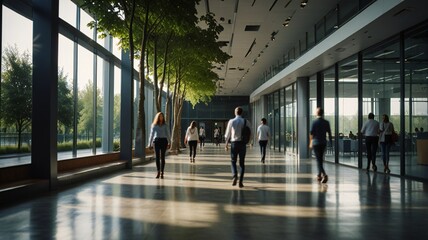 Blurred background of people walking in a modern office building with green trees and sunlight , eco friendly and ecological responsible business concept