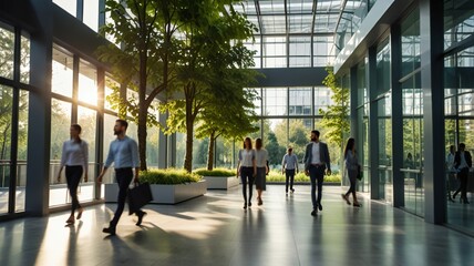 Wall Mural - Blurred background of people walking in a modern office building with green trees and sunlight , eco friendly and ecological responsible business concept