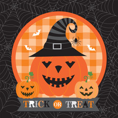 Canvas Print - Happy Halloween card design with pumpkin and witch hat