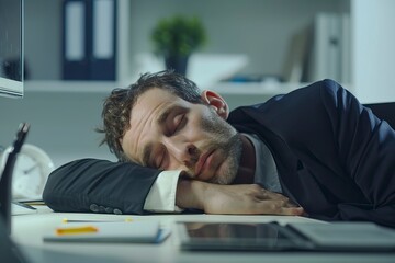 tired business man sleepy and bored from sitting at a desk for a long time and has office syndrome - generative ai