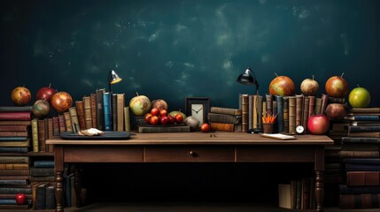 Wall Mural - pile of books, stationery and apples on a wooden table with a minimalist background