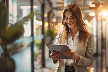 Wall Mural - Young happy business woman working with tablet in corporate office - generative ai