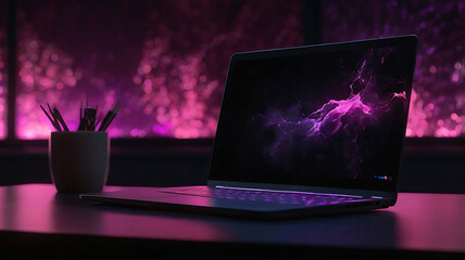 Laptop Front 3D Illustration. Dark Background, Black Desk Laptop Computer with color pink purple Light display.