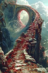 Wall Mural -  Illustration of a cosmic bridge, intricate and vibrant, bridges, shades of red and silver, detailed landscapes, creatures, black, artwork is inspired, ZdzisBaw BeksiDski's