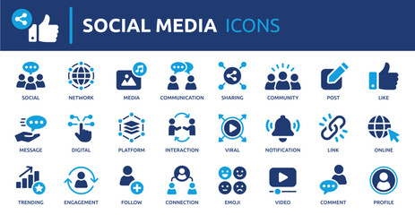 Poster - Social media icon set. Containing like, message, profile, social network, video, comment, sharing, media and more. Solid vector icons collection.