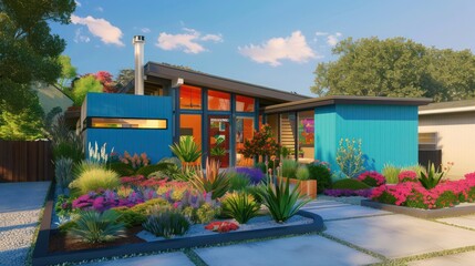 Modern ranch with a vibrant blue exterior and a colorful front garden, adding a pop of color to the neighborhood