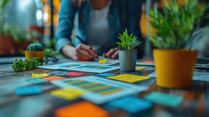 Poster - Person organizing ideas with sticky notes. Person is seen organizing ideas on a table with colorful sticky notes and plants, working on a project in a creative space.