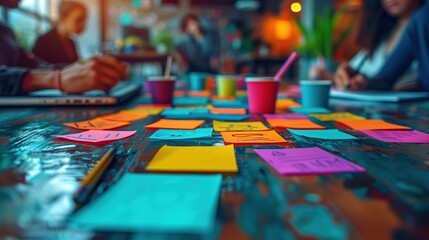 Poster - group brainstorming session with sticky notes. group of people engaging in a brainstorming session a