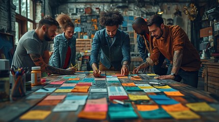 Poster - team collaborating over sticky notes. diverse team collaborates intensely over a table full of stick