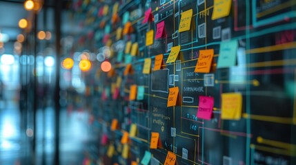 Poster - colorful sticky notes on office wall. detailed view of a wall covered in colorful sticky notes withi