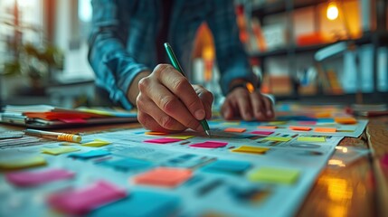 Poster - close-up of hand writing on sticky notes. close-up view of a hand writing on colorful sticky notes d