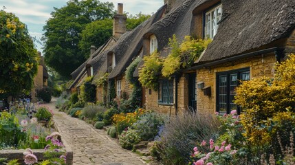 Canvas Print - A charming village in the Cotswolds, with thatched-roof cottages, blooming gardens, and cobblestone streets