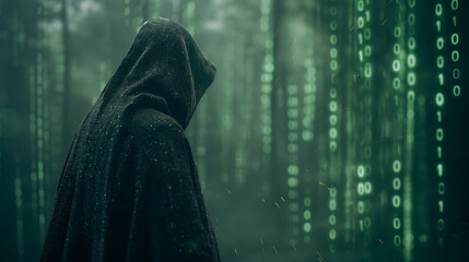 Poster - A person is standing in a forest with a hood over their head. The forest is filled with green trees and the person appears to be looking into the distance. Scene is mysterious and eerie