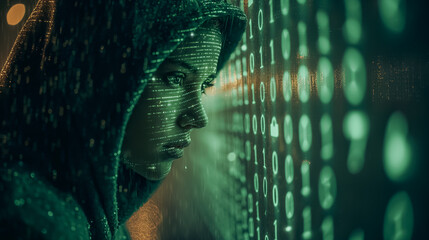 Poster - A woman is looking at a wall of binary numbers. Concept of mystery and intrigue, as the woman's gaze is directed towards the wall of numbers
