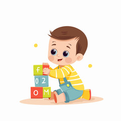 Cute and fun illustration of a baby with a toy vector isolated white background